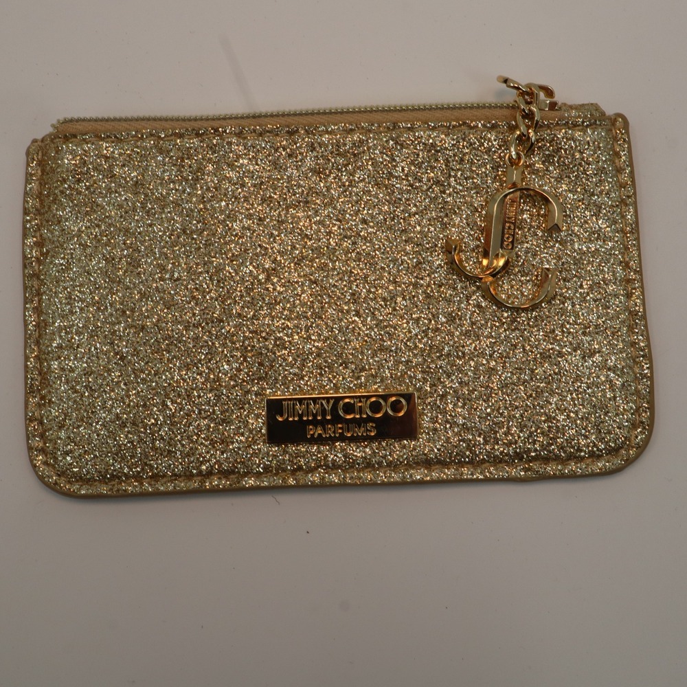 Jimmy Choo Parfums Coin Purse Womens Small Gold Glitter JC Logo Charm Pouch